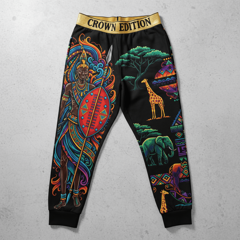 Black joggers with gold "CROWN EDITION" waistband, featuring colorful Maasai warrior, wildlife, and geometric art.