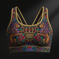 TITAN Crown Edition Women's High-Impact Sports Bra — bold tattoo artwork on matte black fabric