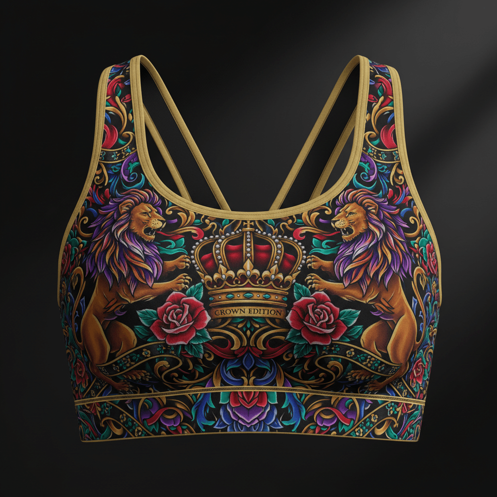 TITAN Crown Edition Women's High-Impact Sports Bra — bold tattoo artwork on matte black fabric