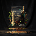 TITAN Organic High-Protein Brown Rice Bowl Teriyaki — ultra-premium luxury editorial product shot