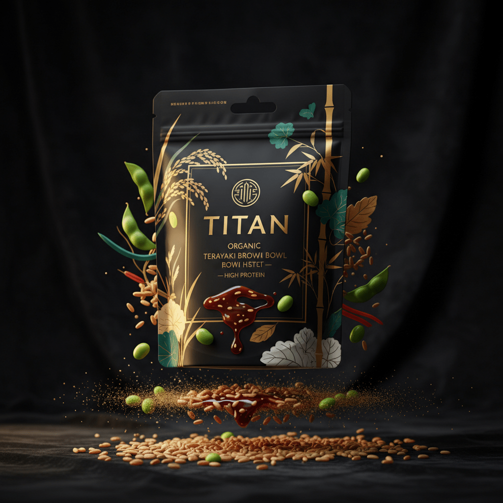 TITAN Organic High-Protein Brown Rice Bowl Teriyaki — ultra-premium luxury editorial product shot