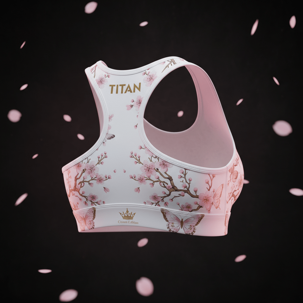 TITAN Elite Sports Bra All White — Crown Edition cherry blossom butterfly tattoo floating back-angle racerback shot