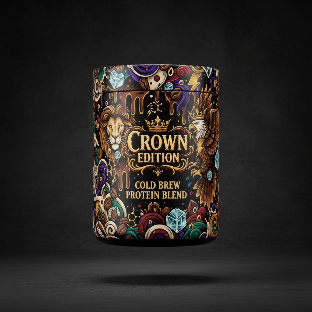 TITAN Protein Coffee Cold Brew Blend — Crown Edition bold tattoo-style artwork
