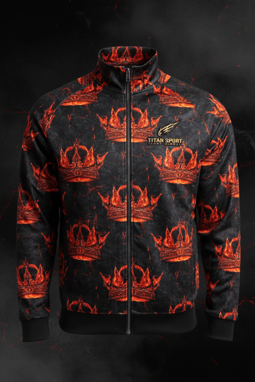 TITAN Men's Lava King Crown Zip-Up Track Jacket flat lay Volcanic SWAG Edition