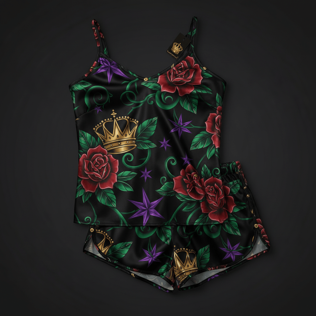 TITAN Crown Edition Tattoo Art Women's Lounge Cami Set - bold colorful tattoo artwork on matte black satin fabric