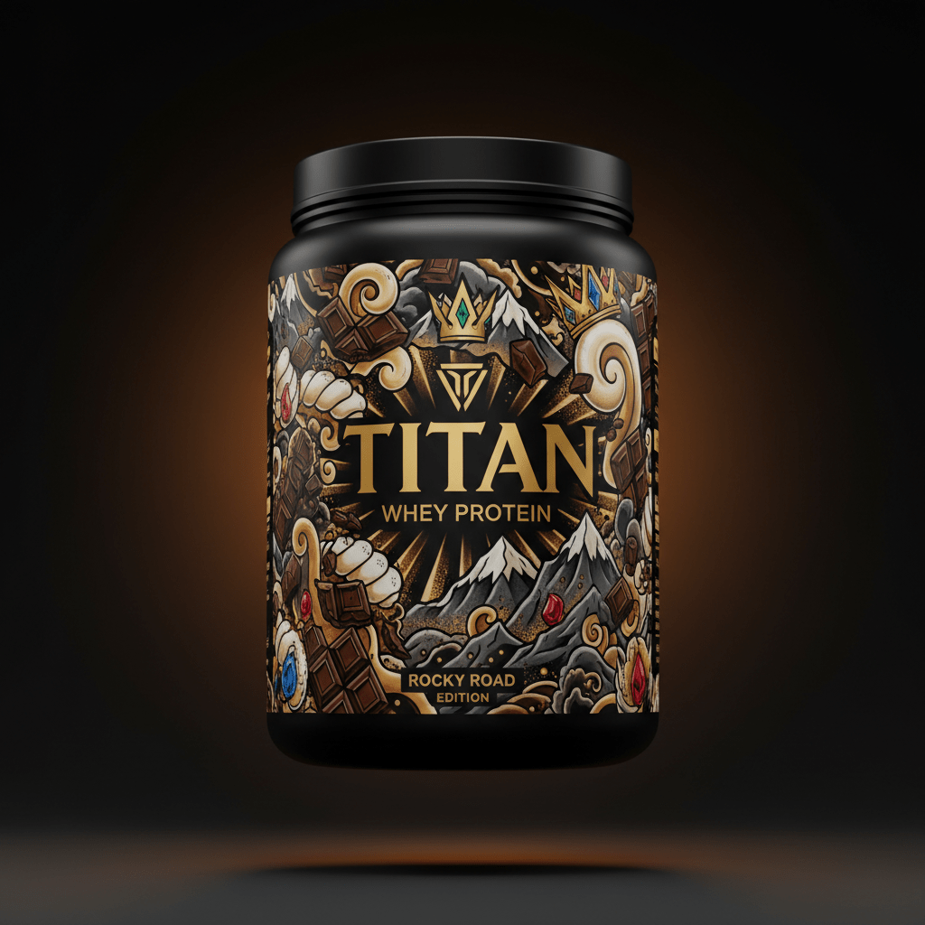 TITAN Whey Protein Rocky Road - Crown Edition tattoo-style artwork