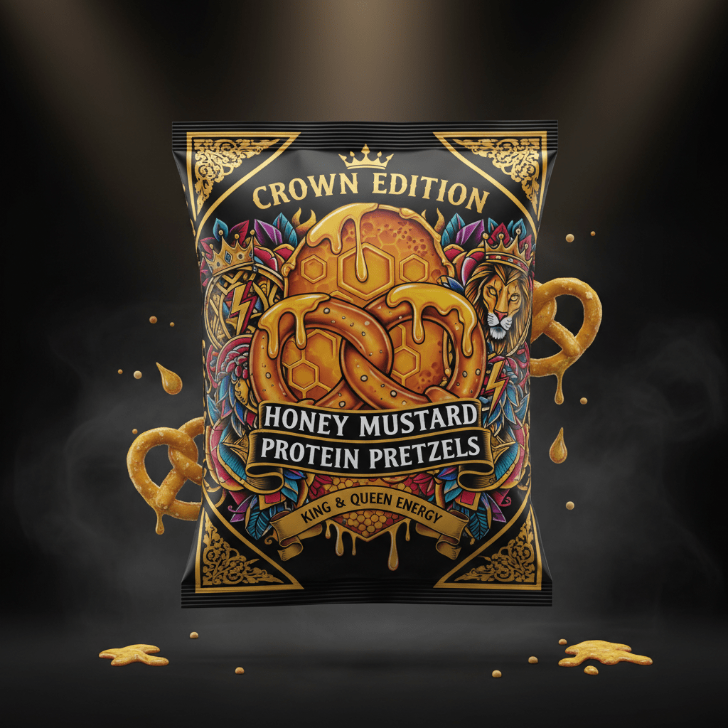 TITAN Protein Pretzel Honey Mustard — Crown Edition bold tattoo-style artwork