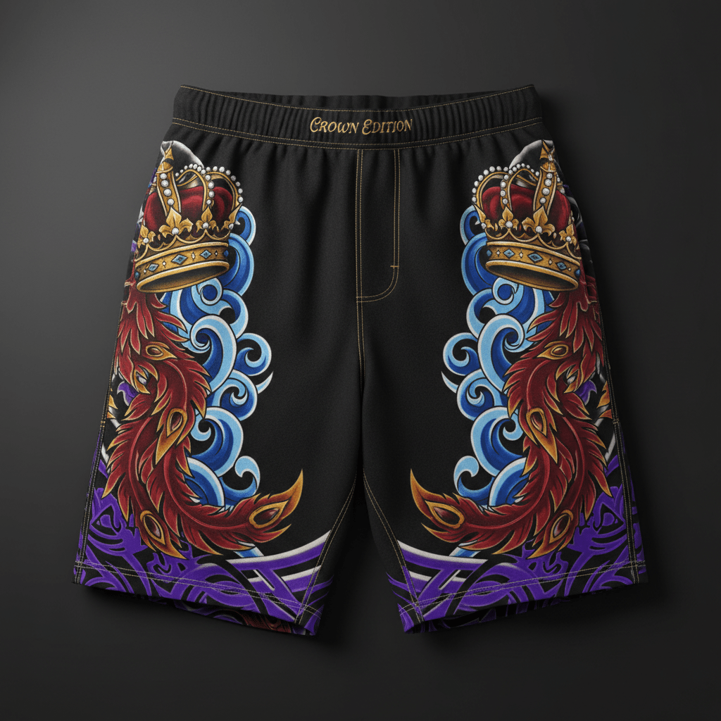 TITAN Crown Edition Tattoo Art Men's Lounge Jogger Shorts - bold colorful tattoo artwork on matte black fabric