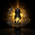 TITAN SPORT GLOBAL cycling water bottle with gold crown branding on dark background