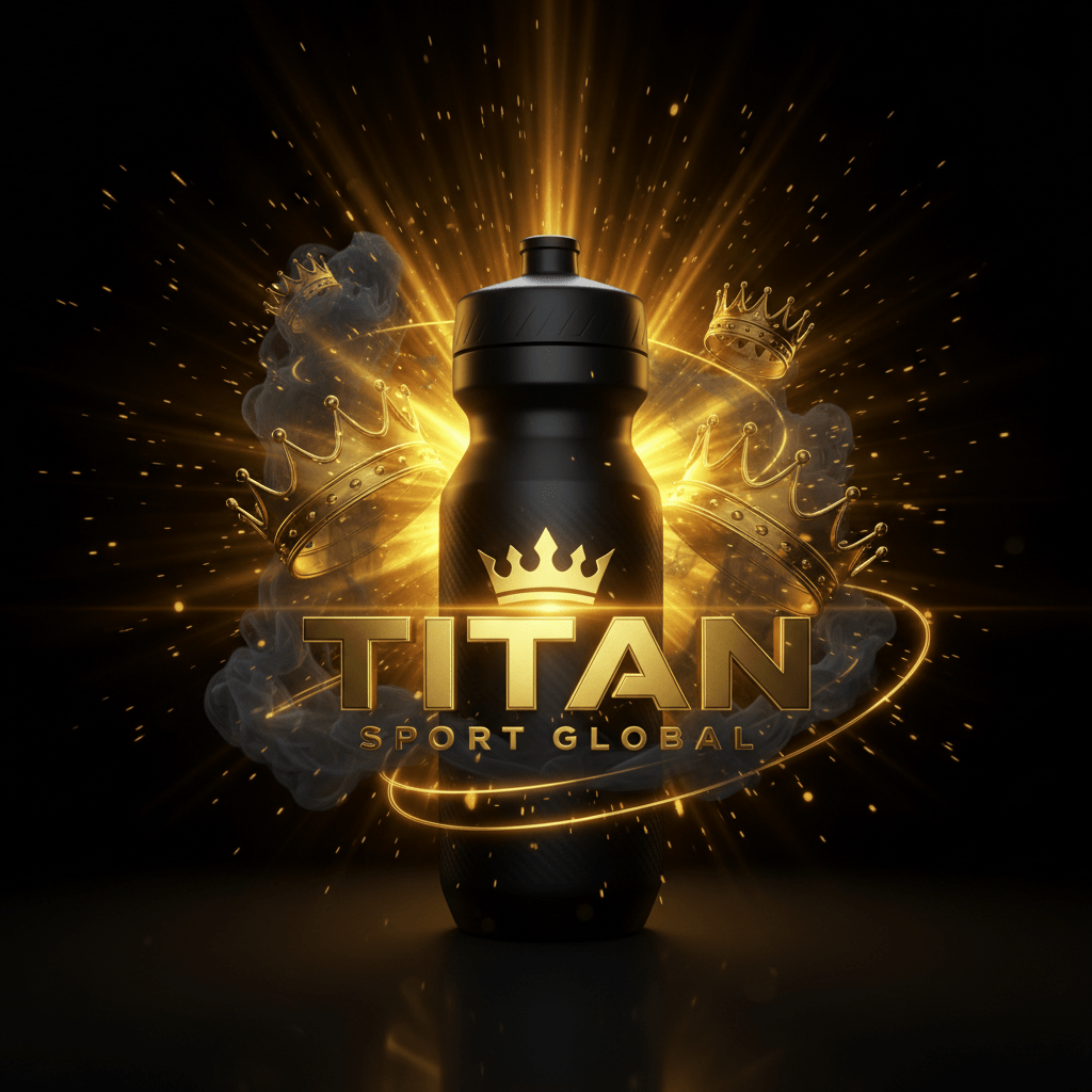TITAN SPORT GLOBAL cycling water bottle with gold crown branding on dark background