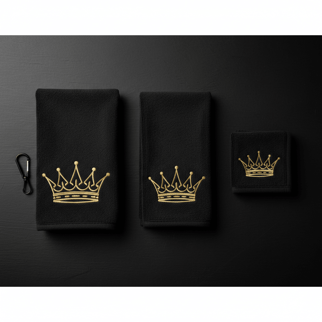 TITAN Golf Towel Set Crown Edition 3-piece matte black microfiber gold crown embroidery carabiner clip