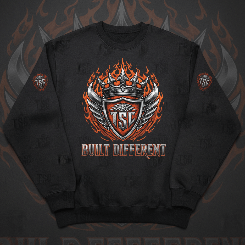 TITAN Built Different Heavyweight Crewneck Warrior Flame Crown blood orange chrome streetwear