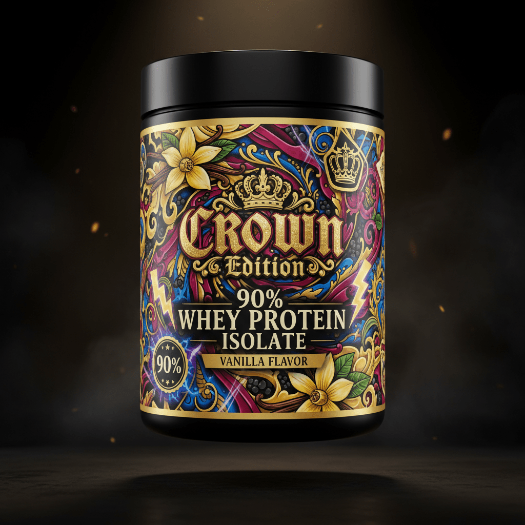 TITAN Whey Protein Isolate 90% Vanilla — Crown Edition bold tattoo-style artwork