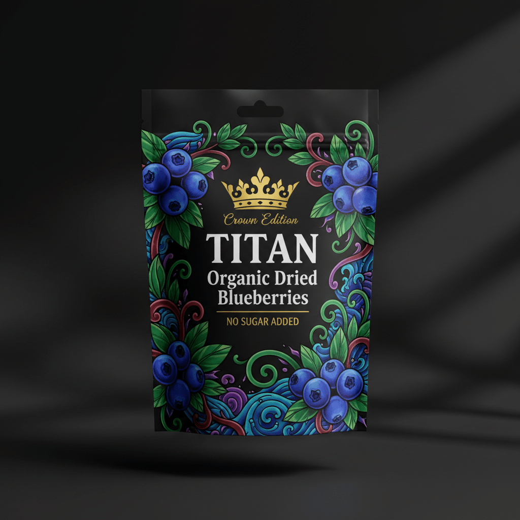 TITAN Organic Dried Blueberries — No Sugar Added, Crown Edition tattoo-style artwork