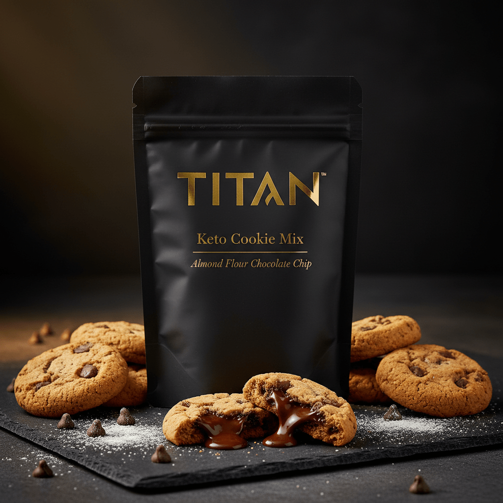 TITAN Keto Cookie Mix Almond Flour Chocolate Chip — warm scattered cookie shot with broken cookie revealing melty chocolate chips