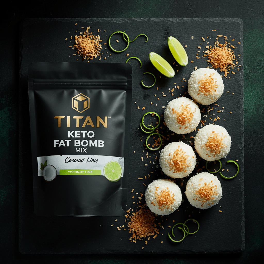 TITAN Keto Fat Bomb Mix Coconut Lime — tropical overhead shot with coconut lime fat bombs, toasted coconut flakes and lime wedges