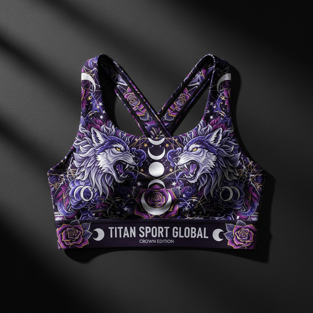 TITAN Crown Edition Moonwolf Sports Bra — Midnight Purple & Silver tattoo artwork