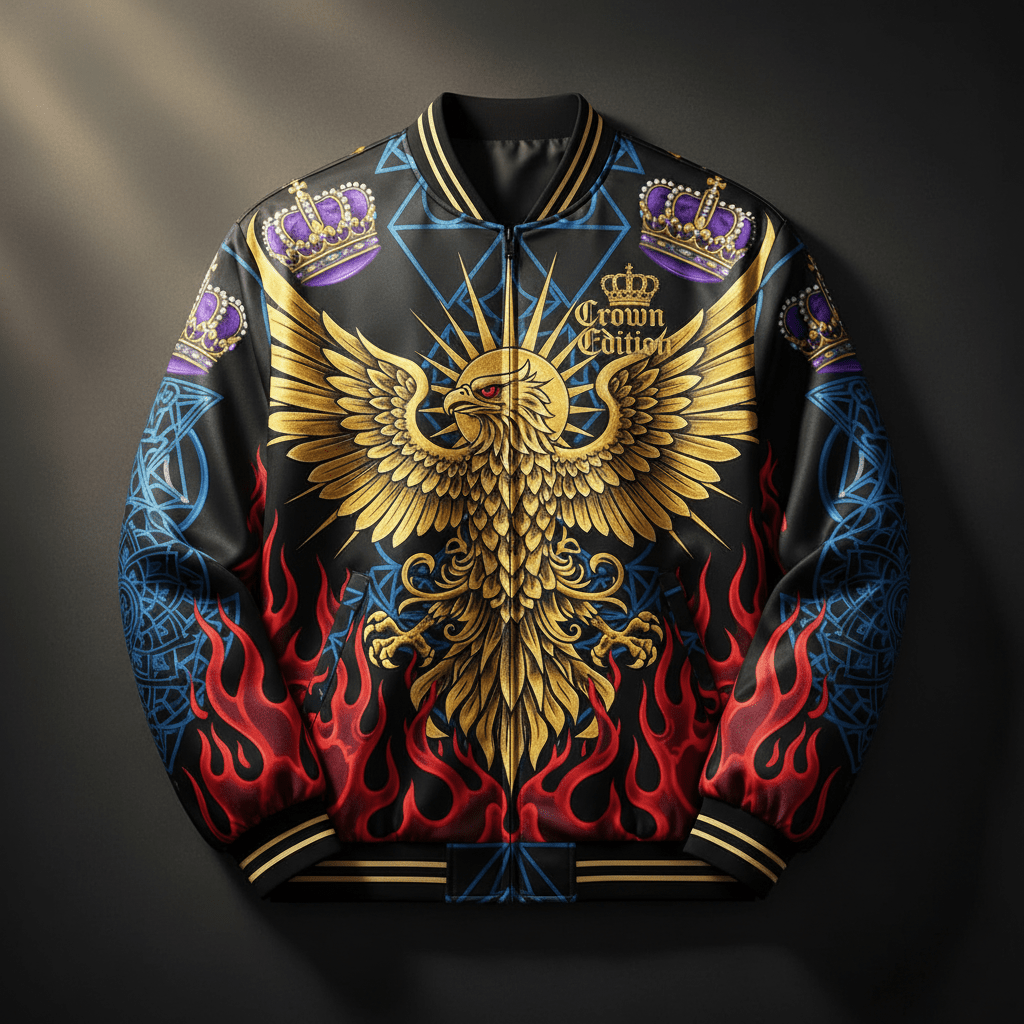 TITAN Crown Edition Tattoo Art Men's Lounge Bomber Jacket - bold colorful tattoo artwork on matte black satin fabric
