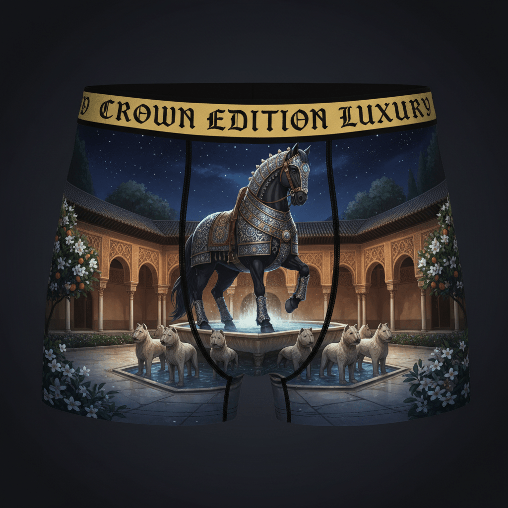 TITAN Moorish Alhambra Stallion Men's Boxer Briefs Crown Edition — stallion in Moorish armor anime art on matte black