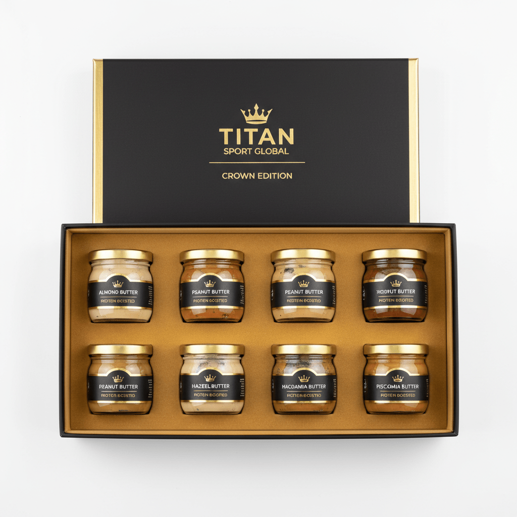 TITAN Protein Nut Butter Sampler 6-Jar Crown Edition Set — matte black luxury gift box