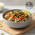 TITAN Organic High-Protein Quinoa Bowl Southwest — realistic food photography with TITAN SPORT GLOBAL logo