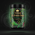 TITAN Pea Protein Powder — Matcha Green Tea, Crown Edition tattoo-style artwork