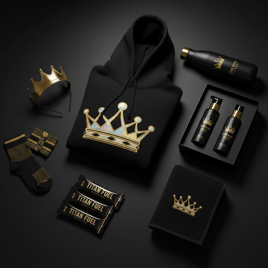 TITAN Crown Gift Box — Holiday & Birthday Edition featuring Hoodie, Crown Accessories, Protein Bars, Skincare, Water Bottle & Towel flat lay