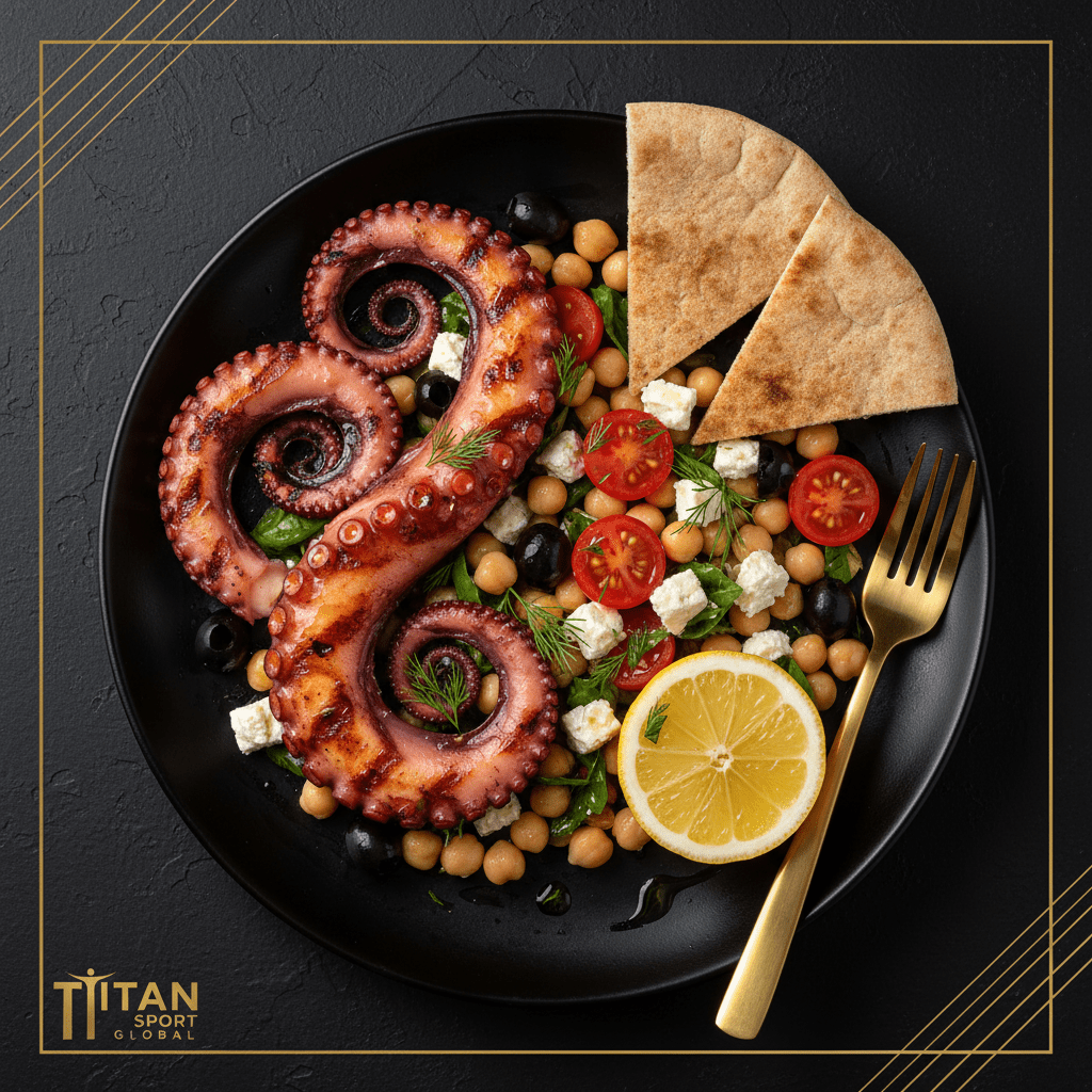 TITAN Greek Grilled Octopus Chickpea Salad Lunch flat lay dark luxury