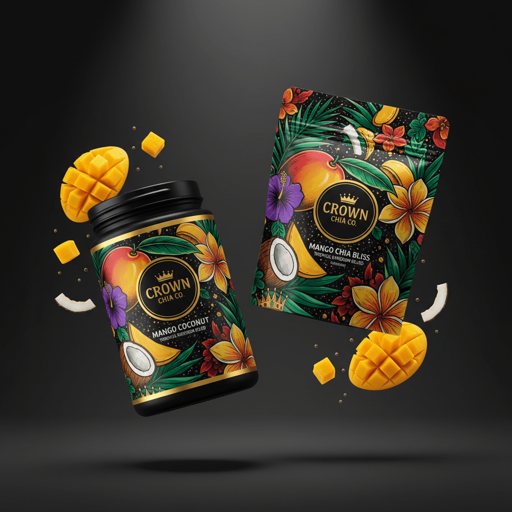 TITAN Chia Pudding Kit Mango Coconut — Crown Edition bold tattoo-style artwork