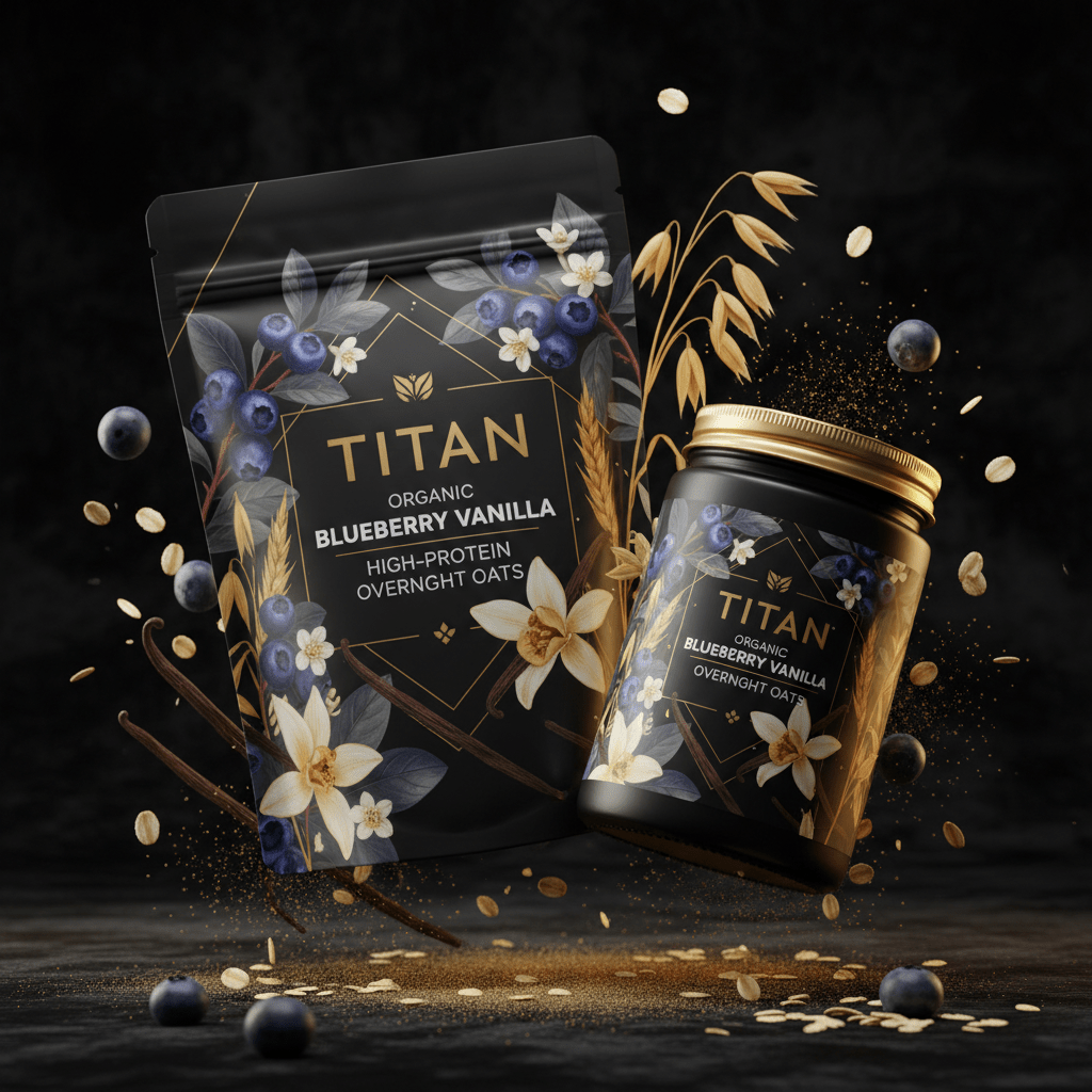 TITAN Organic High-Protein Overnight Oats Blueberry Vanilla — ultra-premium luxury editorial product shot