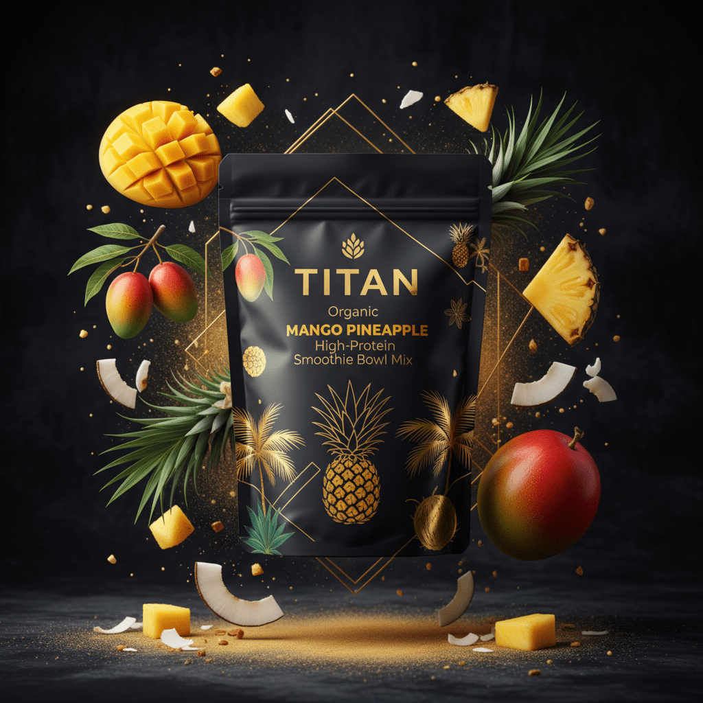 TITAN Organic High-Protein Smoothie Bowl Mix Mango Pineapple — ultra-premium luxury editorial product shot