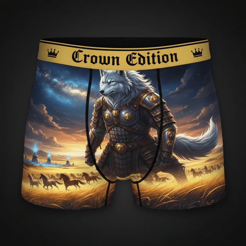 TITAN Mongolian Khan Wolf Men's Boxer Briefs Crown Edition — wolf in Mongolian Khan armor anime art on matte black