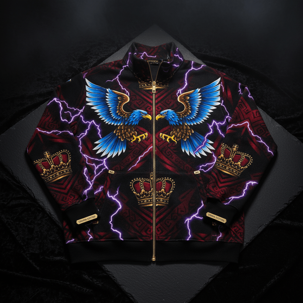 TITAN Crown Edition Tattoo Art Men's Lounge Zip-Up Sweatshirt - bold colorful tattoo artwork on matte black fleece