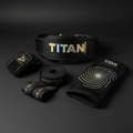 TITAN Lifting Essentials Bundle — Belt, Wrist Wraps, Lifting Straps & Knee Sleeves flat lay