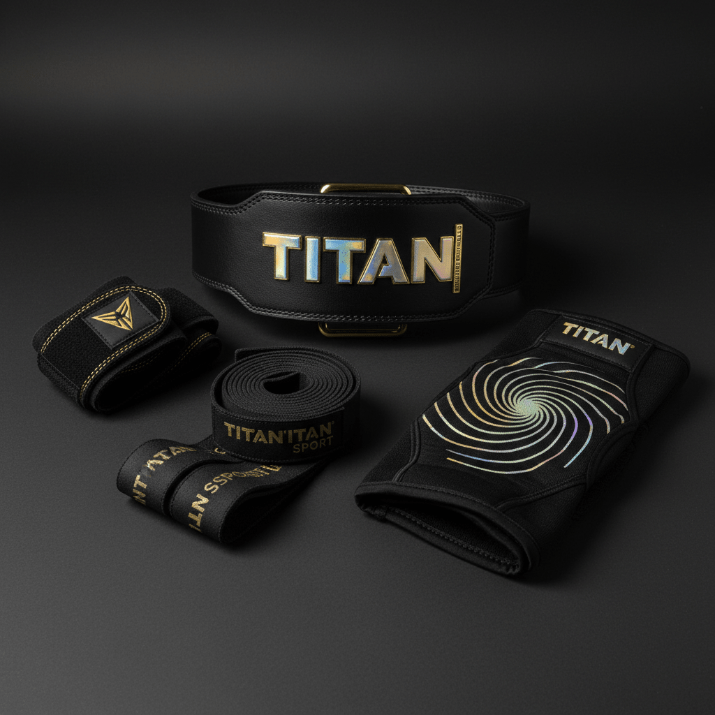 TITAN Lifting Essentials Bundle — Belt, Wrist Wraps, Lifting Straps & Knee Sleeves flat lay