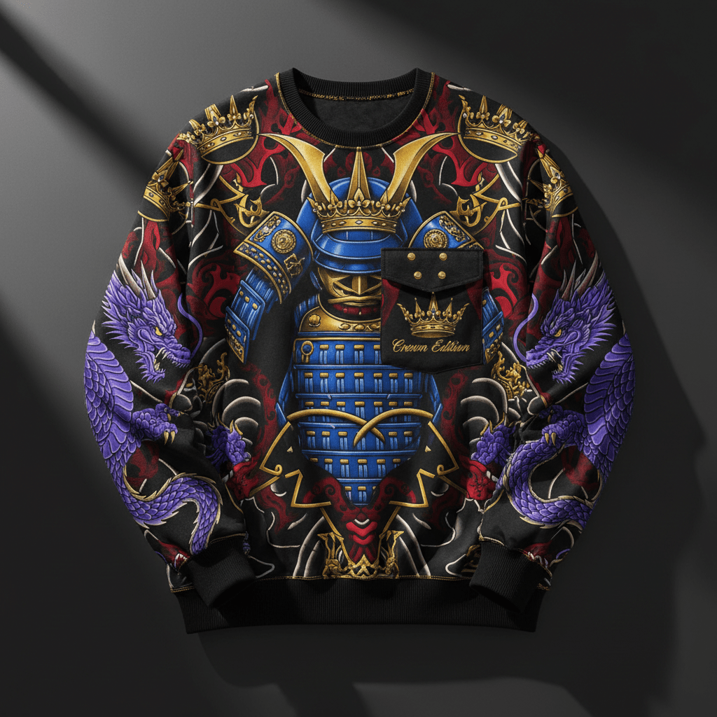 TITAN Crown Edition Tattoo Art Men's Lounge Chest Pocket Sweatshirt - bold colorful tattoo artwork on matte black heavyweight fabric