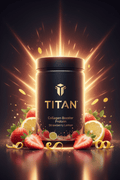 TITAN Collagen Booster Protein Strawberry Lemon — radiant beauty-glow canister with fresh strawberries, lemon slices and warm golden skin-glow radiating outward