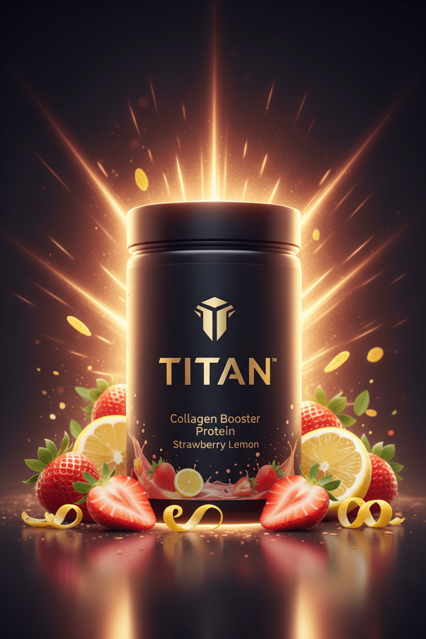 TITAN Collagen Booster Protein Strawberry Lemon — radiant beauty-glow canister with fresh strawberries, lemon slices and warm golden skin-glow radiating outward