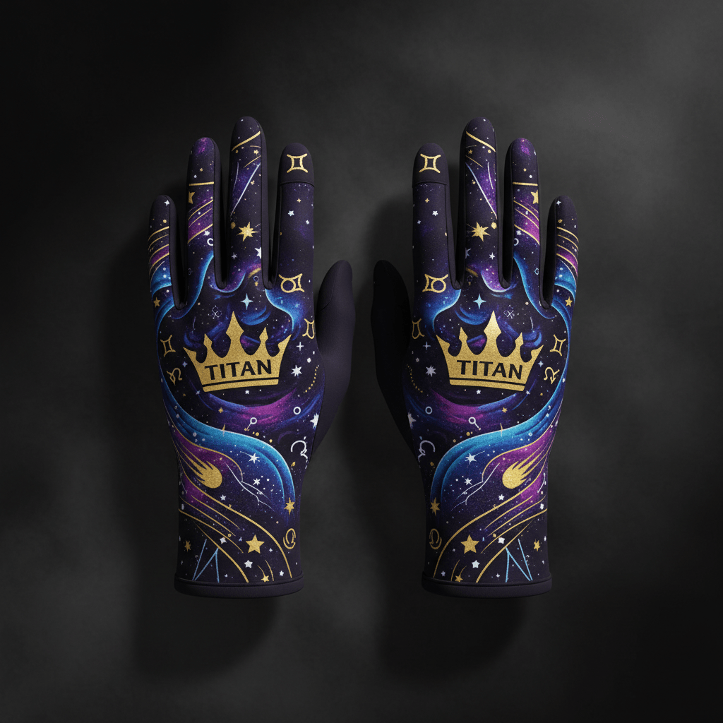 TITAN Unisex Compression Slimming Gloves Midnight Purple Galaxy Crown Edition flat lay