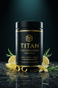 TITAN Omega-3 Protein Powder Lemon Vanilla — clean ocean-inspired canister with fresh lemon slices, vanilla bean and algae fronds, cool teal lighting