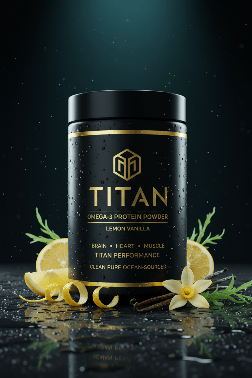 TITAN Omega-3 Protein Powder Lemon Vanilla — clean ocean-inspired canister with fresh lemon slices, vanilla bean and algae fronds, cool teal lighting