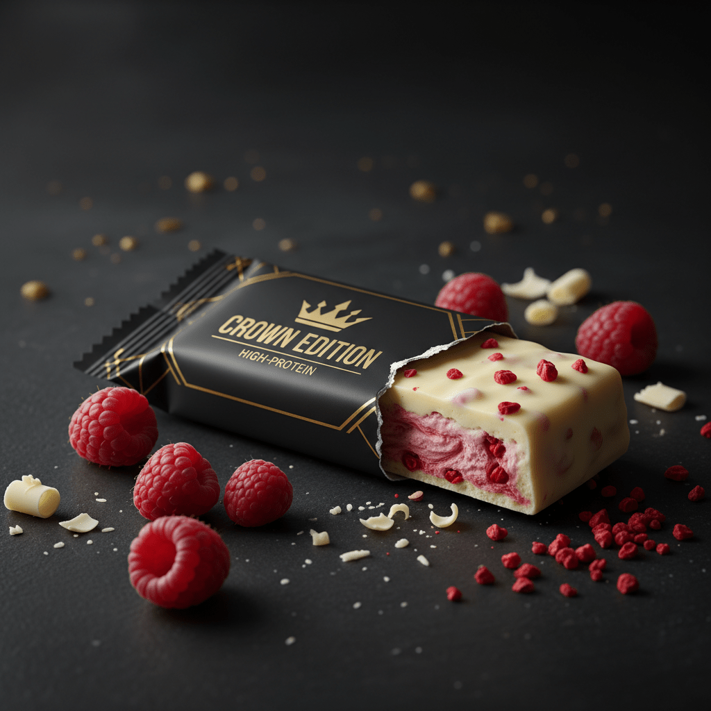 Crown White Chocolate Raspberry Protein Bar — Crown Edition matte black packaging