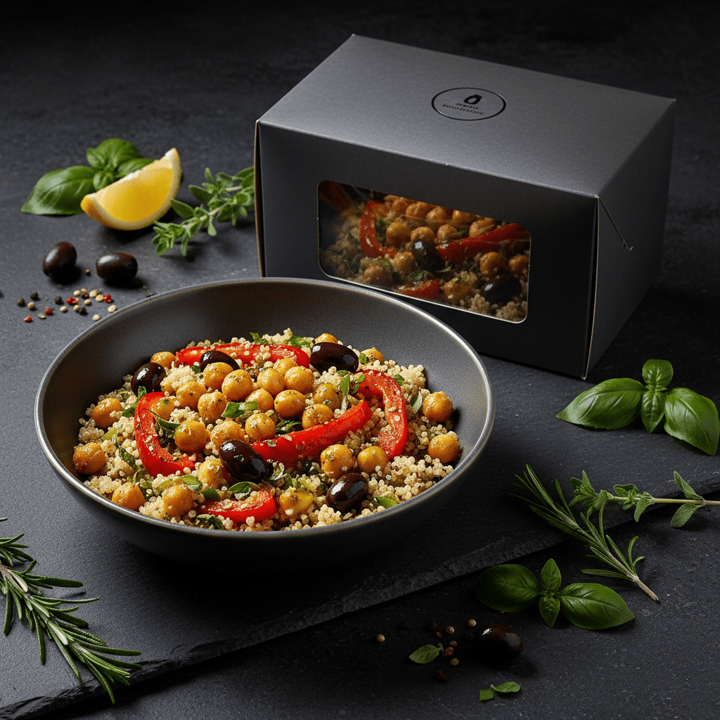 TITAN Organic High-Protein Quinoa Bowl — Mediterranean, premium product photography