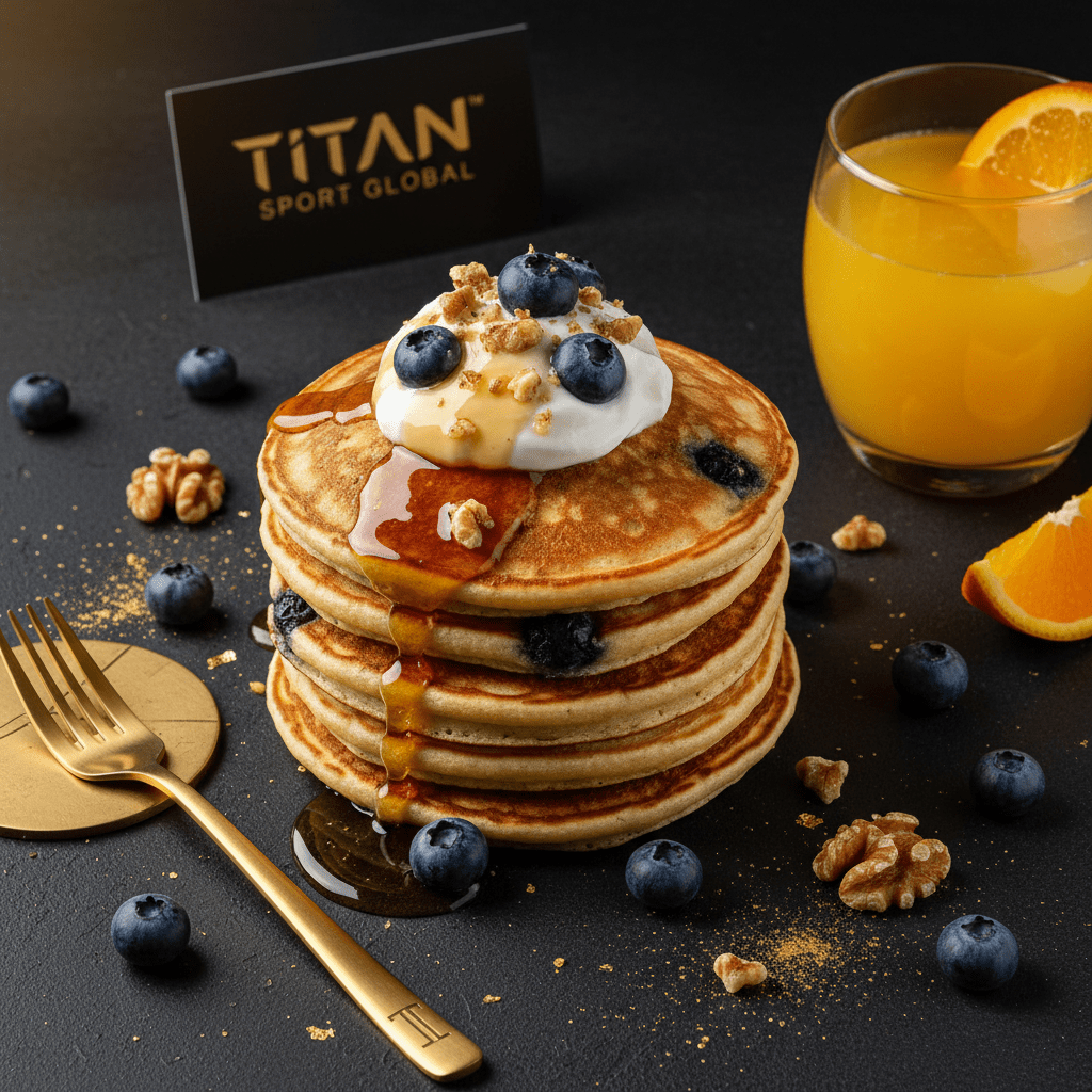 TITAN American Blueberry Protein Pancakes Breakfast flat lay dark luxury