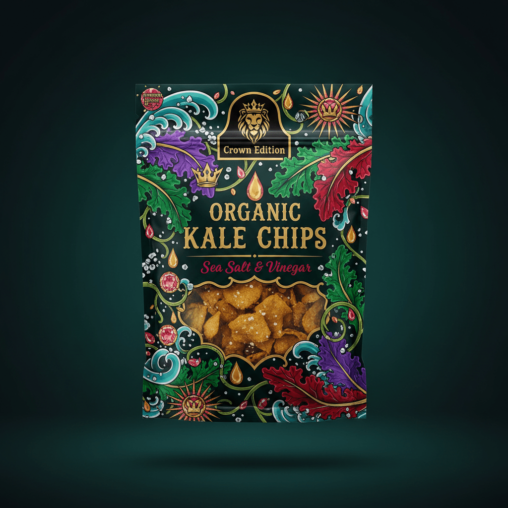 TITAN Organic Kale Chips Sea Salt & Vinegar — Crown Edition bold tattoo-style artwork