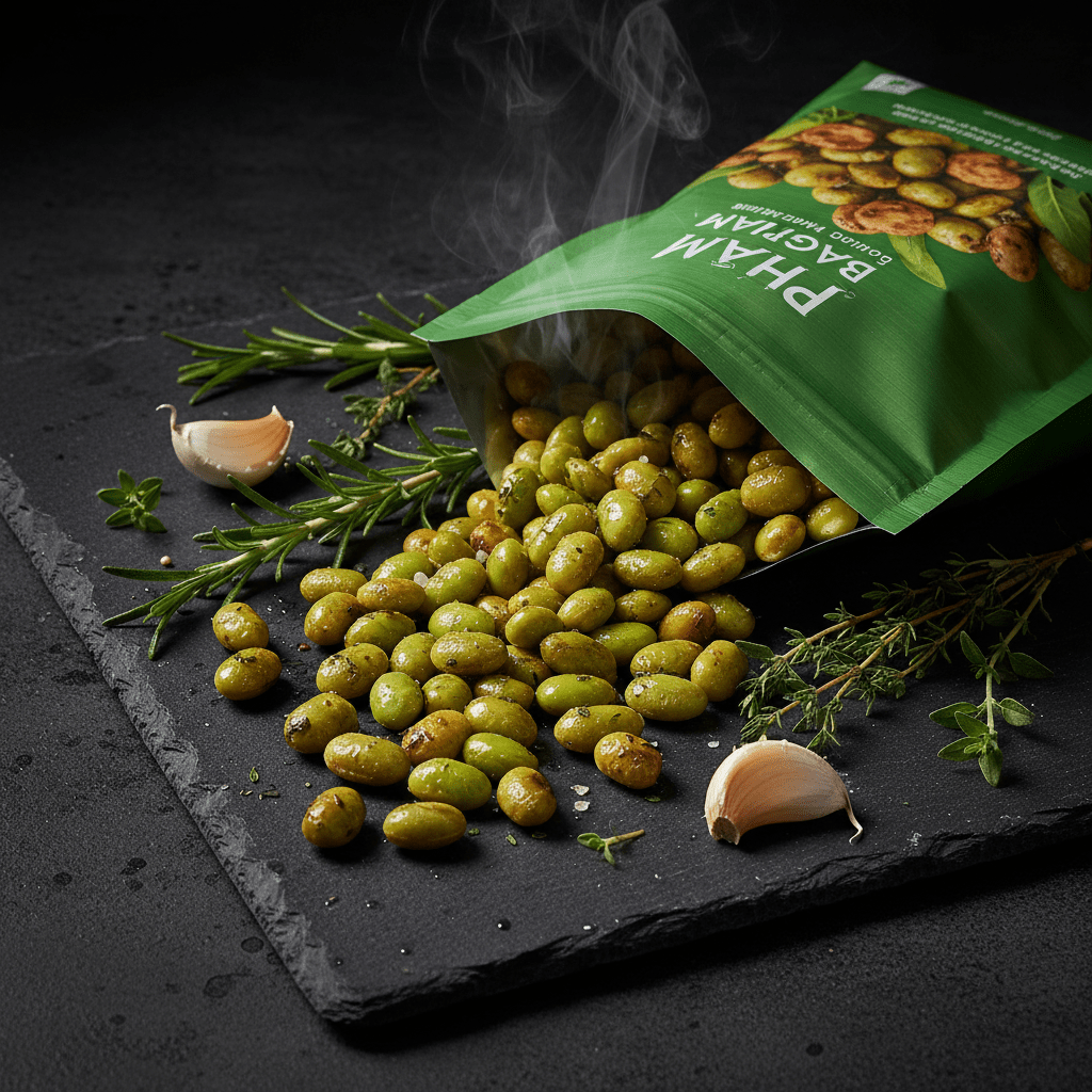 TITAN Protein Edamame Snack – Garlic & Herb, premium product photography