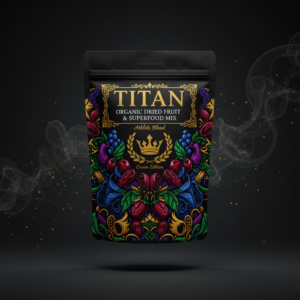 TITAN Organic Dried Fruit & Superfood Mix — Athlete Blend, Crown Edition tattoo-style artwork