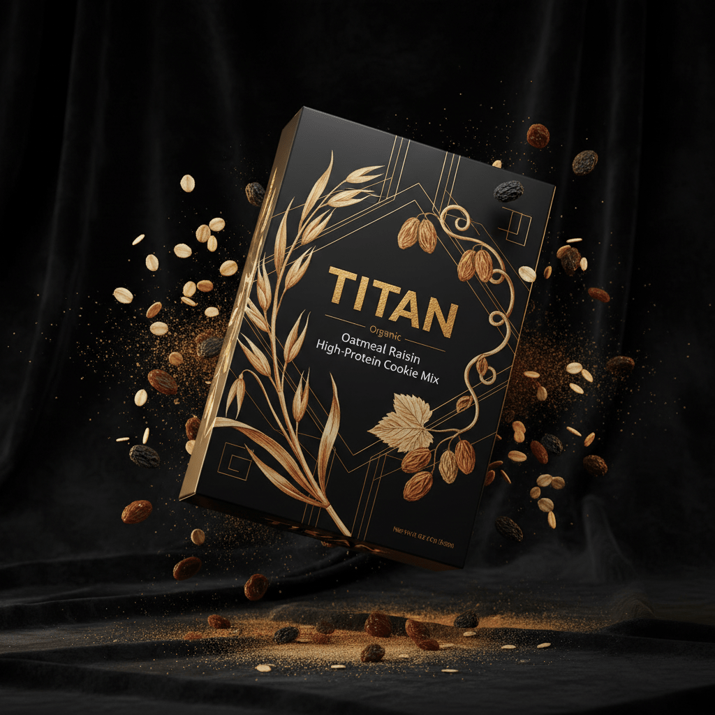 TITAN Organic High-Protein Cookie Mix Oatmeal Raisin — ultra-premium luxury editorial product shot