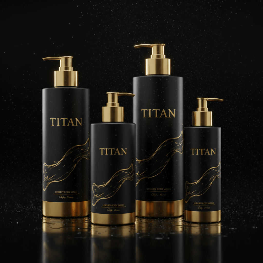 Four matte black TITAN shower gel bottles with gold pumps, bases, and gold swirl accents on a wet reflective surface.
