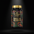 TITAN Turkey Tail Mushroom supplement bottle with Crown Edition matte black and gold packaging featuring bold tattoo-style mushroom artwork